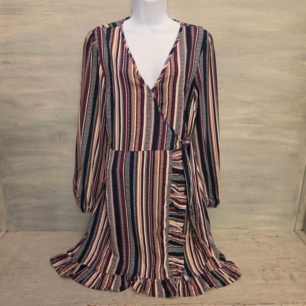 Xhilaration Multicolor Striped Vneck Faux Wrap Ruffle Hem Dress Size Medium GC